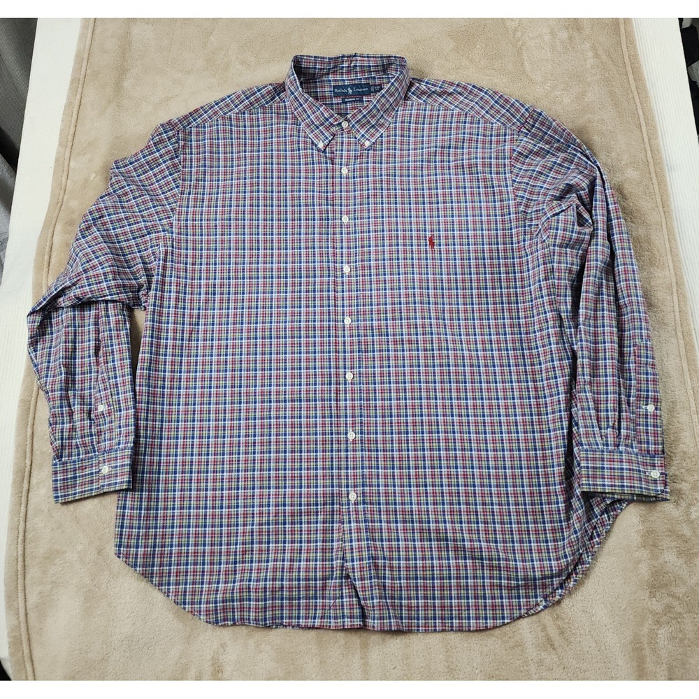 Vintage Polo Ralph Lauren Shirt Men 4XB Blue Plaid Long Sleeve Button Down Pleat